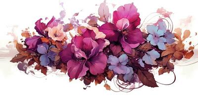 AI Generated. AI Generative. Beautiful decorative blossom bloom botanical floral pink purple flowers watercolor on white background canvas. Graphic Art photo