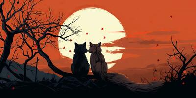 AI Generated. AI Generative. Two lovely romantic cute foxes looking at moon. Nature forest wedding kids time. Graphic Art photo