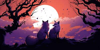 AI Generated. AI Generative. Two lovely romantic cute foxes looking at moon. Nature forest wedding kids time. Graphic Art photo