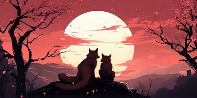 AI Generated. AI Generative. Two lovely romantic cute foxes looking at moon. Nature forest wedding kids time. Graphic Art photo