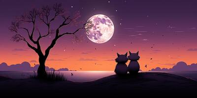 AI Generated. AI Generative. Two lovely romantic cute foxes looking at moon. Nature forest wedding kids time. Graphic Art photo