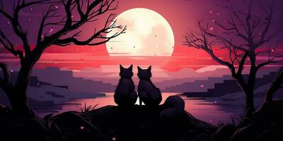 AI Generated. AI Generative. Two lovely romantic cute foxes looking at moon. Nature forest wedding kids time. Graphic Art photo