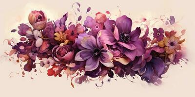 AI Generated. AI Generative. Beautiful decorative blossom bloom botanical floral pink purple flowers watercolor on white background canvas. Graphic Art photo