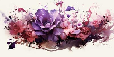 AI Generated. AI Generative. Beautiful decorative blossom bloom botanical floral pink purple flowers watercolor on white background canvas. Graphic Art photo