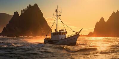 ai generado. ai generativo. náutico marina Armada marina mar Oceano paisaje pescar cangrejo barco barco. aventuras viaje explorar vela atrapando envío. gráfico Arte foto