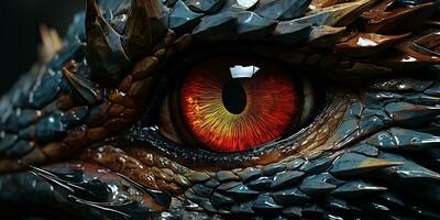 AI Generated. AI Generative. Myth fantasy dragon eye. Macro close up illustration decoration graphic art. Graphic Art photo