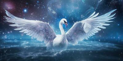 AI Generated. AI Generative. Winter snow ice cold swan bird. Elegance beautiful nature outdoor wild bird art. Graphic Art photo