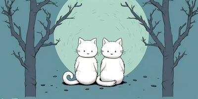 AI Generated. AI Generative. Two cats sitting at night in front of the moon together. Love romantic valentine post card vibe. Graphic Art photo