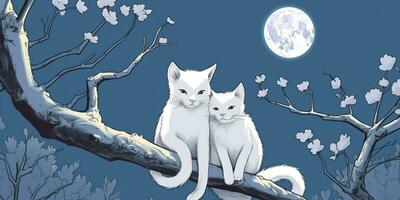 AI Generated. AI Generative. Two cats sitting at night in front of the moon together. Love romantic valentine post card vibe. Graphic Art photo