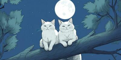 AI Generated. AI Generative. Two cats sitting at night in front of the moon together. Love romantic valentine post card vibe. Graphic Art photo