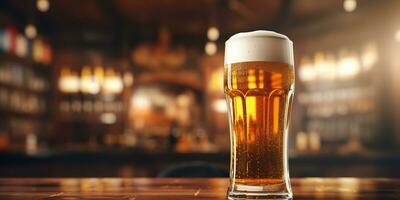 ai generado. ai generativo. cerveza vaso jarra con ligero cerveza a pub bar taberna antecedentes en de madera mesa noche vida fiesta. gráfico Arte foto