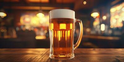 ai generado. ai generativo. cerveza vaso jarra con ligero cerveza a pub bar taberna antecedentes en de madera mesa noche vida fiesta. gráfico Arte foto