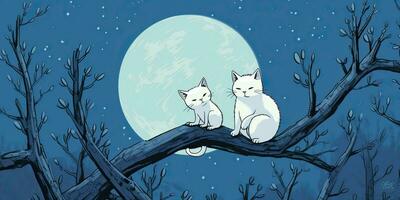 AI Generated. AI Generative. Two cats sitting at night in front of the moon together. Love romantic valentine post card vibe. Graphic Art photo