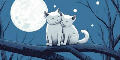 AI Generated. AI Generative. Two cats sitting at night in front of the moon together. Love romantic valentine post card vibe. Graphic Art photo