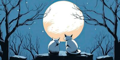 AI Generated. AI Generative. Two cats sitting at night in front of the moon together. Love romantic valentine post card vibe. Graphic Art photo