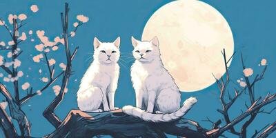 AI Generated. AI Generative. Two cats sitting at night in front of the moon together. Love romantic valentine post card vibe. Graphic Art photo