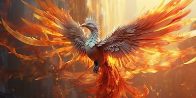 AI Generated. AI Generative. Phoenix bird on black background. Mythology symbol decoration creature of rebirth fire flame concept. Graphic Art photo