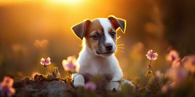 ai generado. ai generativo. Jack Russell terrier perro animal mascota amigo mamífero a campo flores naturaleza al aire libre puesta de sol paisaje vista. gráfico Arte foto