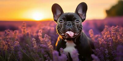 ai generado. ai generativo. frenchie francés buldog perro linda cara retrato a lavanda campo campo al aire libre naturaleza. gráfico Arte foto