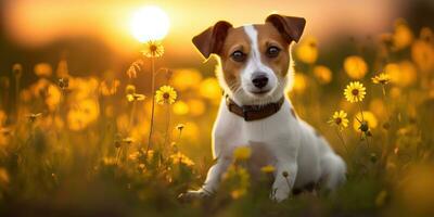 AI Generated. AI Generative. Jack russell terrier dog animal pet friend mammal at field flowers. Nature outdoor sunset landscape view. Graphic Art photo