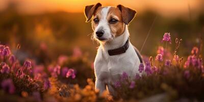 ai generado. ai generativo. Jack Russell terrier perro animal mascota amigo mamífero a campo flores naturaleza al aire libre puesta de sol paisaje vista. gráfico Arte foto