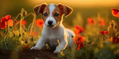 AI Generated. AI Generative. Jack russell terrier dog animal pet friend mammal at field flowers. Nature outdoor sunset landscape view. Graphic Art photo