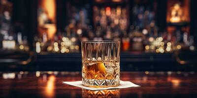 ai generado. ai generativo. clásico alcohol whisky escocés bebida en vaso con hielo cubitos a bar pub. cerca club antecedentes decoración burlarse de arriba. gráfico Arte foto