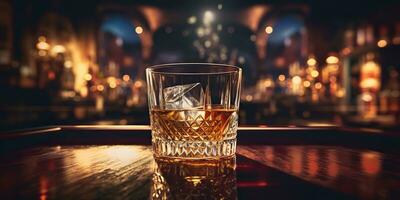 AI Generated. AI Generative. Classic alcohol whiskey scoth drink in glass with ice cubes at bar pub. Nigh club background decoration mock up. Graphic Art photo