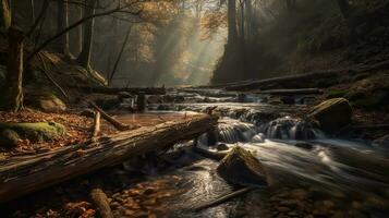 ai generado. ai generativo. bosque árbol selva cascada pequeño. aventuras naturaleza al aire libre paisaje viaje trekking onda. gráfico Arte foto