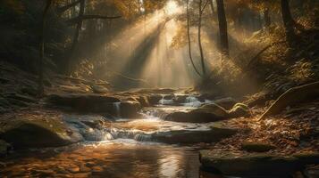 ai generado. ai generativo. bosque árbol selva cascada pequeño. aventuras naturaleza al aire libre paisaje viaje trekking onda. gráfico Arte foto