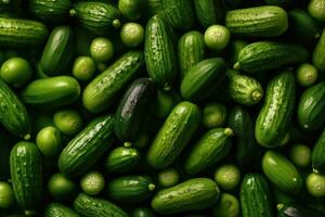 Abstract background of green cucumbers. Top view. Generative AI photo