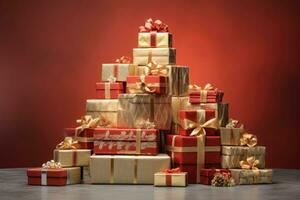 Different christmas presents on a large heap. Large stack of christmas packages. AI generated photo