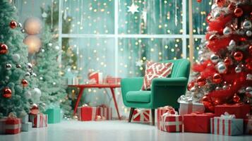 Winter or christmas cozy interior. Decorations, christmas tree, gifts and accessories. Red and green color. AI generated photo