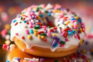 Close up of a doughnut sprinkled with frosting and colorful candy bits. Generative AI photo