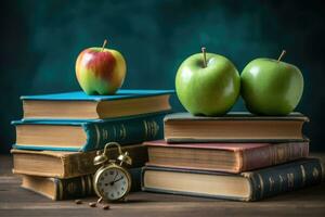 pizarra con libros y manzanas en de madera escritorio. espalda a colegio concepto. generativo ai foto