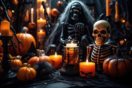 Dark interior of the house decorated for Halloween pumpkins. AI generated photo