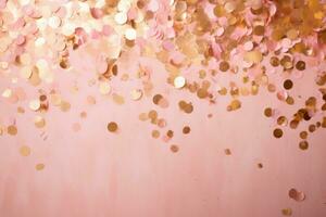 Pink foil confetti. Gold and pink color background. Explosion of confetti. AI generated photo