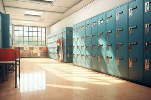 School hallway with modern lockers. Concept of studying and getting knowledge. Generative AI photo