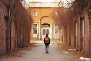 Walking child and school entrance, back view. Pupil go study with backpack. Generative AI photo