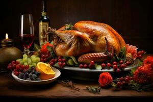 Thanksgiving dinner. Roasted turkey garnished with cranberries on a rustic style table decorated with pumpkins and vegetables. AI generated photo