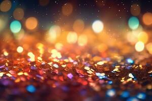 Glitter shiny defocused background. Magic gold dust and glare. Generative AI photo