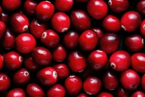 A lot of scattered cranberries. Fruit background. Generative AI photo