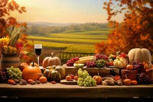 un reconfortante acción de gracias antecedentes. otoño paisaje con dorado hojas. un mesa adornado con un abundante cosecha, un variedad de frutas y vegetales. ai generado foto