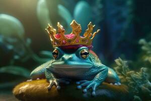 Frog with gold crown. The fairy tale concept of change and transformation. Generative AI photo