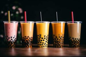 Plastic cups of different tasty bubble tea. Row of fresh boba bubble tea glasses. Generative AI photo