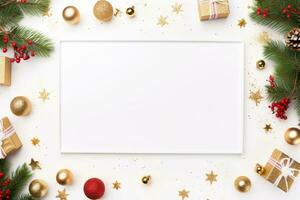 Christmas frame flat lay with pine, presents, golden elements, candy canes, confetti. AI generated photo