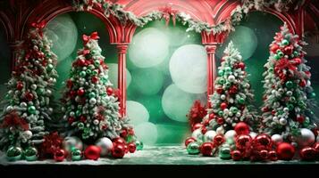 invierno o Navidad acogedor interior. decoraciones, Navidad árbol, regalos y accesorios. rojo y verde color. ai generado foto