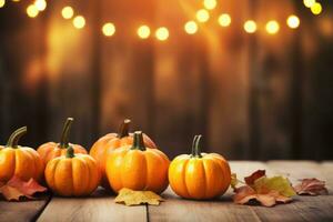 Mini thanksgiving pumpkins and leaves on rustic wooden table with lights and bokeh on wood background. AI generated photo