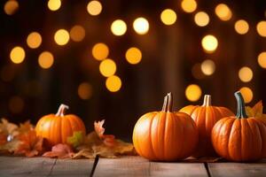 Mini thanksgiving pumpkins and leaves on rustic wooden table with lights and bokeh on wood background. AI generated photo