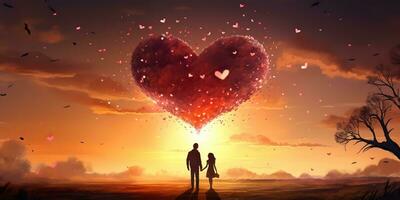 AI Generated. AI Generative. Lovely romantic love couple together with heart shape background landscape vacation. Wedding relationship vibe. Graphic Art photo